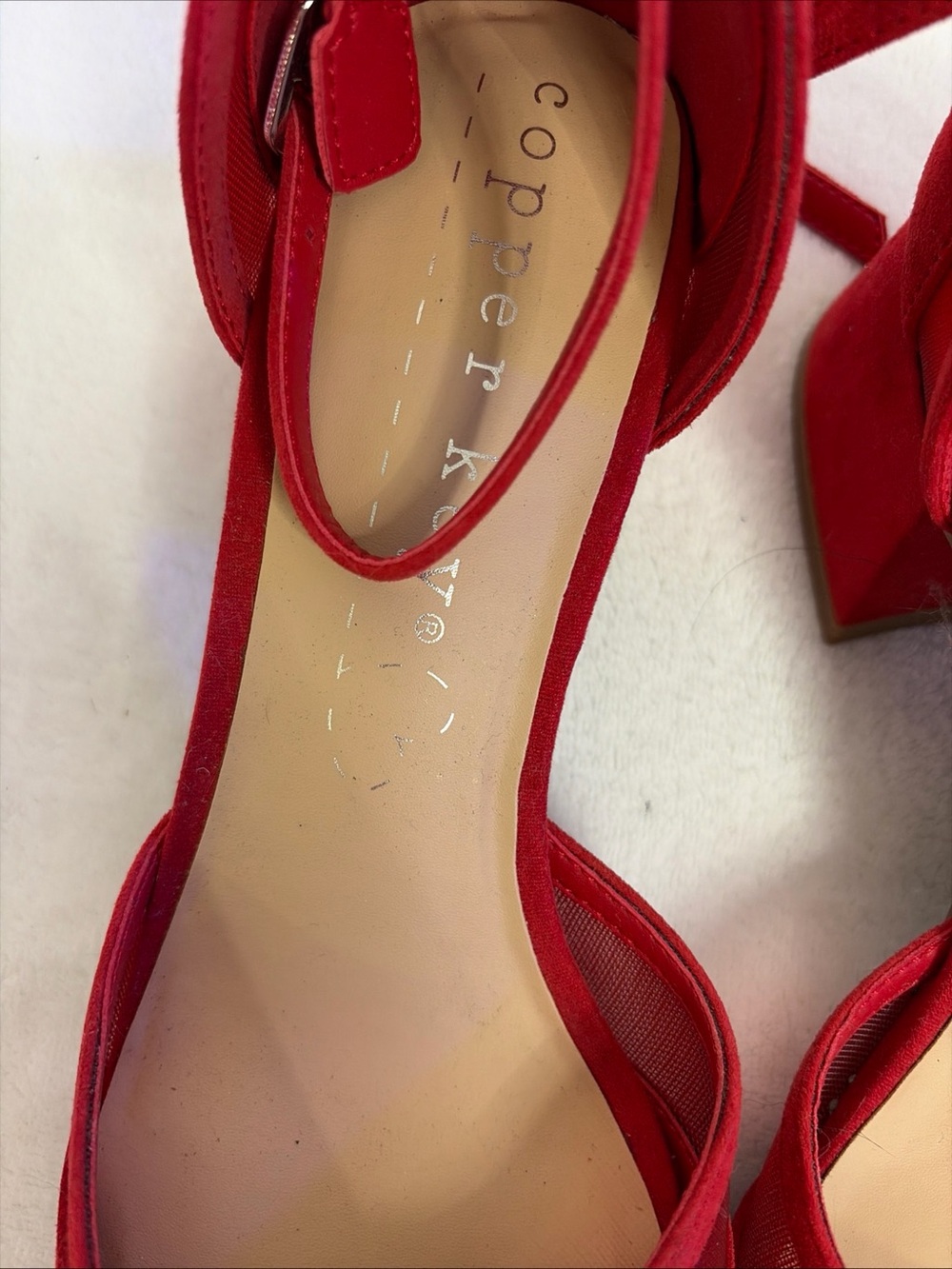 Copper Key Red Suede Pointed-Toe Ankle-Strap Heels with Rhinestone Bow - Picture 7 of 7